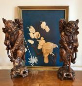 JAPANESE LACQUERED BONE AND MOTHER OF PEARL PANEL, ALSO PAIR CARVED HARDWOOD SAGES, APPROXIMATELY