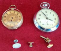 SMALL FRENCH STYLE FOB WATCH, PLATED SMITHS POCKET WATCH PLUS THREE VARIOUS BUTTONS USED