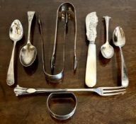 NINE VARIOUS PIECES OF SILVER, SOME EARLY 19th CENTURY, PLUS IRISH SILVER SUGAR TONGS