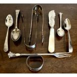 NINE VARIOUS PIECES OF SILVER, SOME EARLY 19th CENTURY, PLUS IRISH SILVER SUGAR TONGS