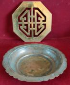 ORIENTAL STYLE BRASS TEAPOT STAND AND COPPER WAVE EDGED BOWL BOTH IN USED CONDITION