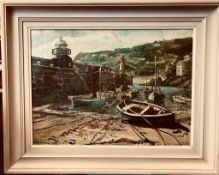 JOAN OXLAND, OIL ON CANVAS- MORNING IN THE HARBOUR, FRAMED, APPROXIMATELY 40 x 65cm