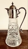 CUT GLASS CLARET JUG WITH SILVER PLATED MOUNTS AND COVER