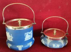 WEDGWOOD BLUE JASPERWARE CERAMIC BISCUIT BARREL WITH SWING OVER HANDLE, PLUS SMALLER WEDGWOOD