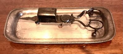 OLD SHEFFIELD PLATE TRAY AND PAIR OF STEEL CANDLE SNUFFER/TRIMMERS