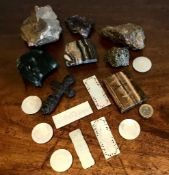 MINERAL EXAMPLES INCLUDING CARVED CHRISTIAN CROSS, MARBLE CARVED BIBLE AND MOTHER OF PEARL COUNTERS,