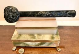 TWO ONYX CIGARETTE/CIGAR BOXES ALSO A HARDSTONE JAPANESE SCRIBE'S CARVED ARMREST/SUPPORT,