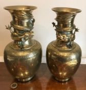 PAIR OF GOOD QUALITY BRASS VASES, CAST RELIEF MARKS TO BASE, APPROXIMATELY 29cm HIGH