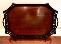 MAHOGANY TRAY WITH PIERCED GALLERY, APPROXIMATELY 17 x 37.5cm