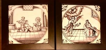 PAIR OF 18th CENTURY FRAMED TILES, MANGANESE GLAZE