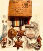FOUR WORLD WAR I MEDALS AND BOX AND RIBBONS, FOUR OLD PAPER NOTES AND TWO MODEL FIGURES