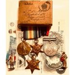 FOUR WORLD WAR I MEDALS AND BOX AND RIBBONS, FOUR OLD PAPER NOTES AND TWO MODEL FIGURES