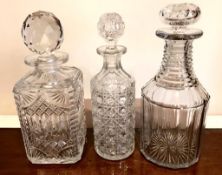 THREE CUT GLASS OLD DECANTERS- RIGHT HAND STOPPER REPLACEMENT