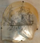 MID 20th CENTURY HAND FINISHED SCRIMSHAW OF A GALLEON ON SHELL, APPROXIMATELY 16 x 15cm REASONABLE