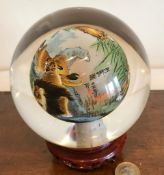 JAPANESE REVERS PAINTING GLASS PAPERWEIGHT, DIAMETER APPROXIMATELY 11cm