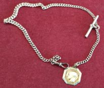 9ct GOLD ALBERT WATCH CHAIN, PLUS RELIGIOUS TOKEN, WEIGHT APPROXIMATELY 27g REASONABLE CONDITION