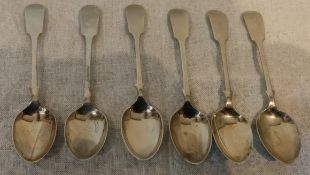 SET OF SIX VARIOUS TEASPOONS, POSSIBLY SILVER USED, REASONABLE CONDITION