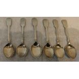 SET OF SIX VARIOUS TEASPOONS, POSSIBLY SILVER USED, REASONABLE CONDITION