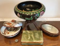 CONTEMPORARY 20th CENTURY CLOISONNE BOWL AND STAND, BOWL AND COVER, ONYX CIGARETTE BOX AND MOTHER OF