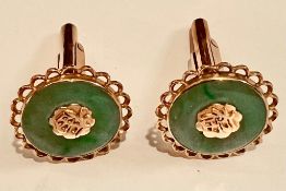 PAIR OF CHINESE GOLD COLOURED METAL CUFFLINKS SET WITH JADE ROUNDELS, WEIGHT APPROXIMATELY 8.6g