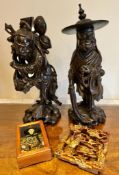 TWO ORIENTAL HARDWOOD FIGURES, APPROXIMATELY 36cm HIGH, ORIENTAL BOX AND GILDED CARVING