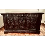 STAINED OAK THREE PANEL BLANKET CHEST, CIRCA 1900, APPROXIMATELY 136 x 57 x 68cm