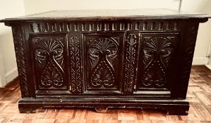 STAINED OAK THREE PANEL BLANKET CHEST, CIRCA 1900, APPROXIMATELY 136 x 57 x 68cm