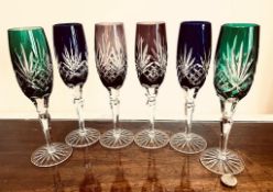 SIX 20th CENTURY OVERLAID COLOURED GLASS WINE GLASSES