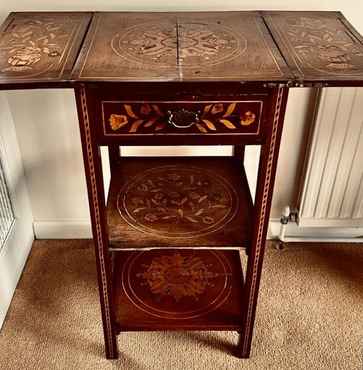 MARQUETRY INLAID TABLE WITH FOLDING FLAPS, APPROXIMATELY 40 x 42 x 84cm FOLDED (SPLIT) AND DAMAGE