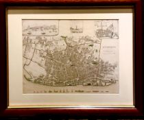 FRAMED MAP OF LIVERPOOL CIRCA 1835-40, ENGRAVED AND PRINTED BY T STARLING, APPROXIMATELY 30 x 38.5cm