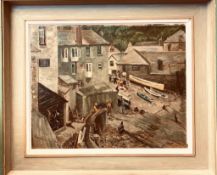 JOAN OXLAND, OIL ON CANVAS- THE CELLARS PORT ISAAC, SOUTH WALES, FRAMED, APPROXIMATELY 38 x 50cm