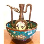 CHINESE CLOISONNE BOWL AND METAL WINE JUG SOME DENTING TO BOWL