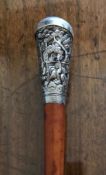 WALKING STICK WITH ORIENTAL SILVER CAP, APPROXIMATELY 90cm LONG