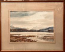 E TREVOR, WATERCOLOUR- THE SNOWDEN RANGE FROM Y TRAETH MAWR, APPROXIMATELY 26 x 33cm