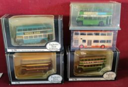 FIVE VARIOUS BOXED DIECAST BUSES ALL IN REASONABLE, USED CONDITION, ONE BOX DAMAGED