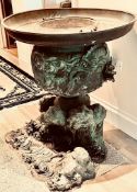 IMPRESSIVE JAPANESE CAST METAL (PROBABLY BRONZE) HIBACHI, THE BASE CAST WITH ROCK POOLS AND SEAWEED,