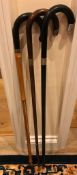 THREE SILVER MOUNTED WALKING STICKS, ONE BAMBOO PLUS TWO OTHERS, APPROXIMATELY 100cm LONG