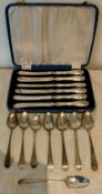 CASED SET OF SIX SILVER BANDED KNIVES AND SMALL PARCEL OF VARIOUS SILVER SPOONS USED, REASONABLE