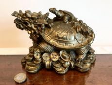 EARLY 20th CENTURY BRASS FIGURE OF A DRAGON TURTLE WITH SMALLER ONE ON BACK, APPROXIMATELY 12cm HIGH