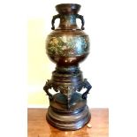 JAPANESE BRONZE VASE UPON BRONZE STAND, DECORATED WITH CLOISONNE PANELS, APPROXIMATELY 60cm HIGH