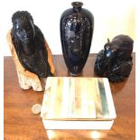 TWO ORIENTAL CARVED FIGURES, ONYX BOX AND CLOISONNE VASE CLOISONNE VASE AT FAULT