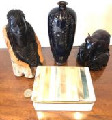 TWO ORIENTAL CARVED FIGURES, ONYX BOX AND CLOISONNE VASE CLOISONNE VASE AT FAULT