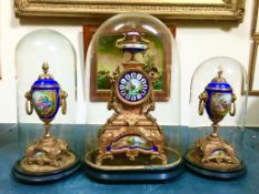 FRENCH GILDED CLOCK GARNITURE WITH HIGHLY DECORATIVE ATTRACTIVE ENAMELLED PANELS