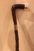 POLISHED WOOD WALKING STICK WITH 925 STAMPED SILVER COLLAR AND CAP, APPROXIMATELY 92cm LONG