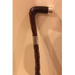 POLISHED WOOD WALKING STICK WITH 925 STAMPED SILVER COLLAR AND CAP, APPROXIMATELY 92cm LONG
