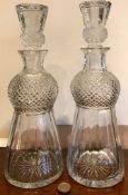 TWO CUT GLASS HIGH QUALITY DECANTERS (NOT A PAIR), APPROXIMATELY 34.5cm AND 33.5cm HIGH VERY MINOR