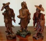 THREE VARIOUS WOODEN CARVED ORIENTAL FIGURES ALL REASONABLE CONDITION