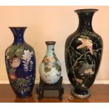THREE CLOISONNE VASES USUAL HAIRLINE CRACKS AND CENTRE VASE DAMAGED (SEE PHOTO)