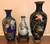 THREE CLOISONNE VASES USUAL HAIRLINE CRACKS AND CENTRE VASE DAMAGED (SEE PHOTO)