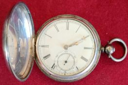 VICTORIAN HALLMARKED SILVER FULL HUNTER POCKET WATCH WITH ENAMELLED DIAL, CHESTER ASSAY DATED 1867